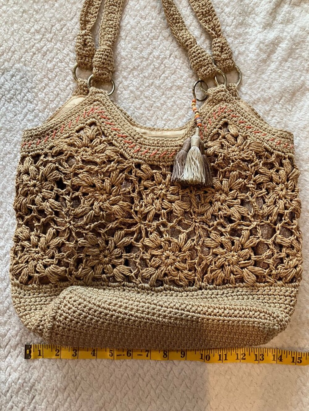 The Sak Crochet Shoulder Bag Tan Floral Knit Tassel Boho Straw Woven Tote Purse - Picture 12 of 12